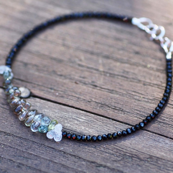 Natural Black Spinel, Tiny Briolette Sapphire Bracelet Handmade 14K White Gold - Picture 2 of 4